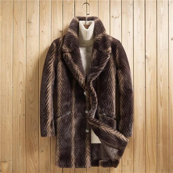 Men's Faux Mink Coat Mid-Length Open Front Single Breasted Reversible Fur Jacket - Picture 2 of 10